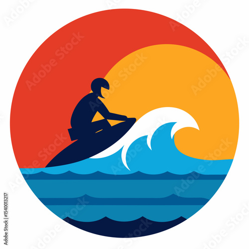 2d animation style jet ski riding ocean waves in summer sunset vector illustration