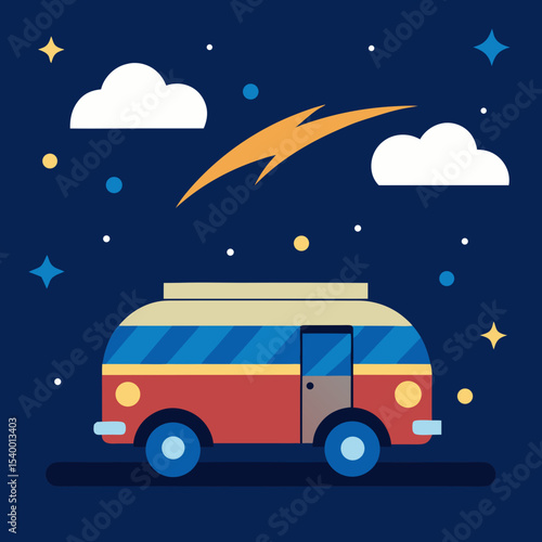 camping van under shooting stars and striped sky version one vector illustration