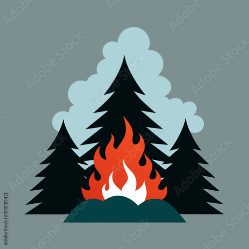 campfire smoke rising through pine trees and sky version two vector illustration