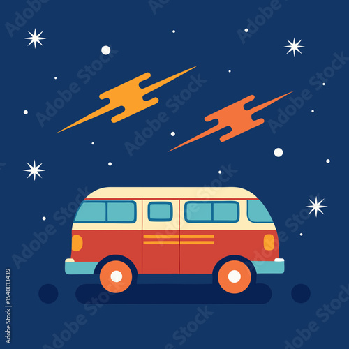 camping van under shooting stars and striped sky version two vector illustration