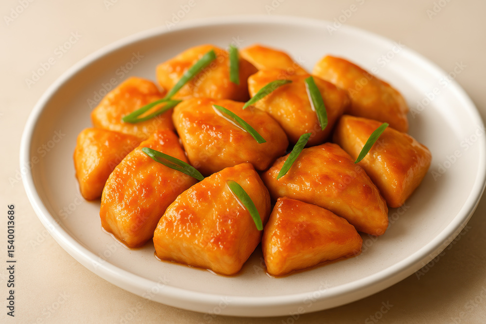 Golden glazed tofu triangles garnished with fresh green onions on a white plate, presented on a neutral background for a healthy meal Golden glazed tofu triangles garnished with fresh green onions on a white plate, presented on a neutral background for a healthy meal