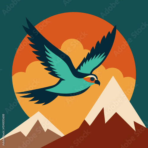 falcon gliding through retro mountain sky version two vector illustration