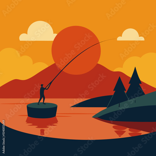 fishing scene on hilltop pond and warm sun vector illustration