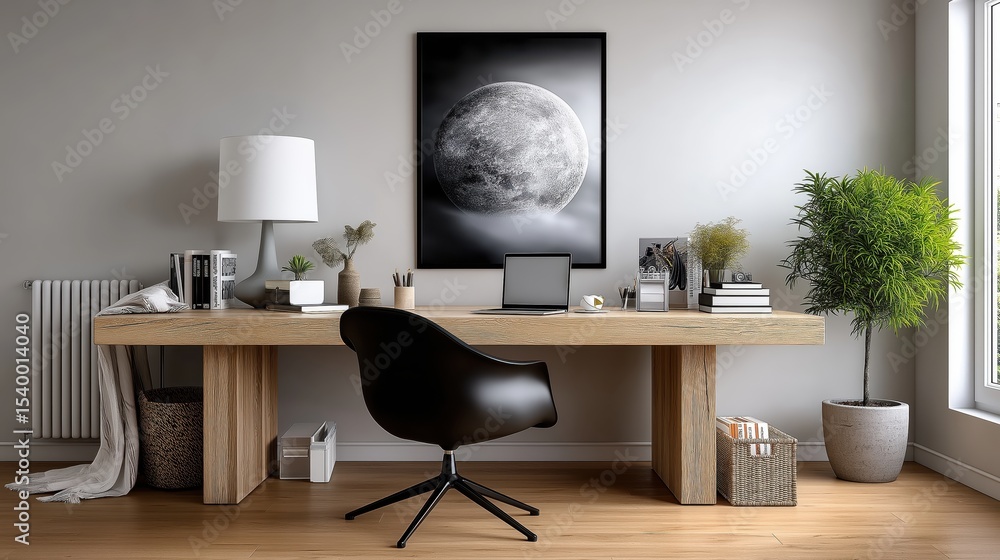 Modern minimalist home office with decorative plant and framed art on wall Modern minimalist home office with decorative plant and framed art on wall