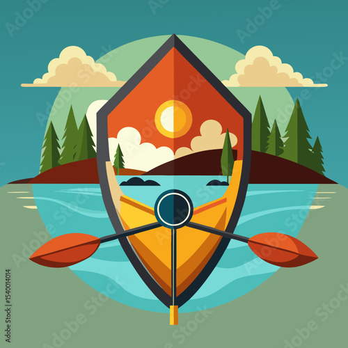 kayak tied to riverside with retro badge sky main version vector illustration