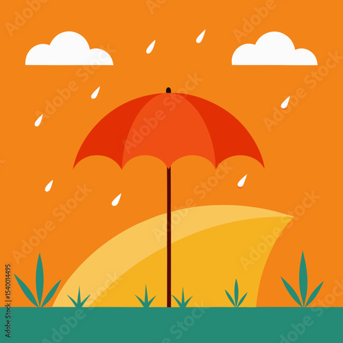 rainy meadow with umbrella and orange retro background main version vector illustration