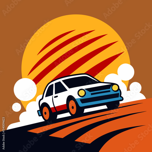 rally car speeding through mud with striped sun main version vector illustration