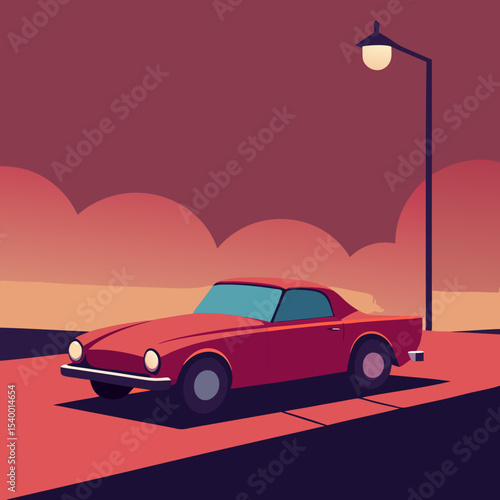 retro convertible under street lights and warm sky main version vector illustration