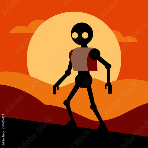 robot hiking in desert with sunset badge main version vector illustration