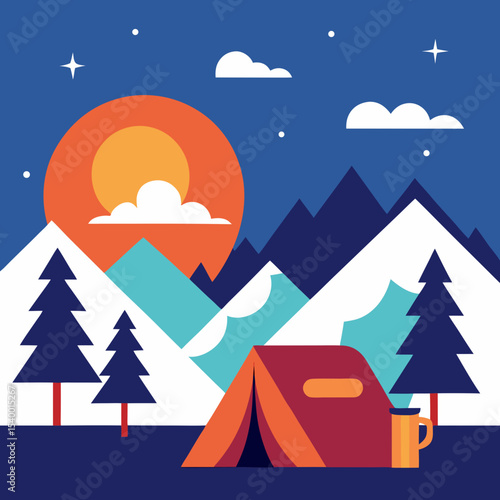 snowcamp setup with winter sun background main version vector illustration