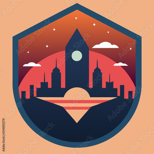 spaceship hovering over city in sunset badge main version vector illustration