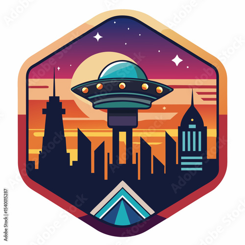 spaceship hovering over city in sunset badge version one vector illustration