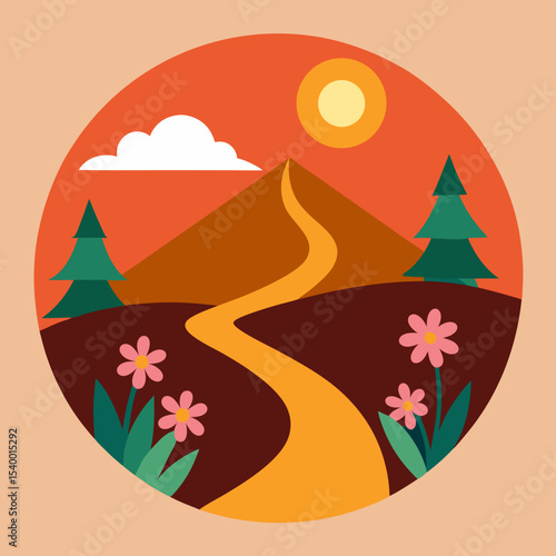sunset hike trail with flowers and warm glow main version vector illustration