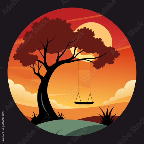 tree swing hanging from oak tree in sunset circle version three vector illustration