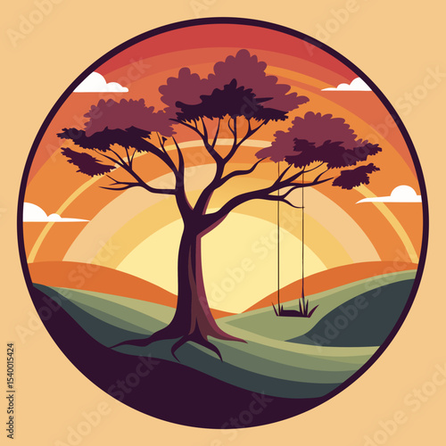 tree swing hanging from oak tree in sunset circle version two vector illustration