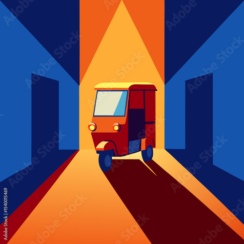 tuk tuk in retro alleyway with sun layers vector illustration