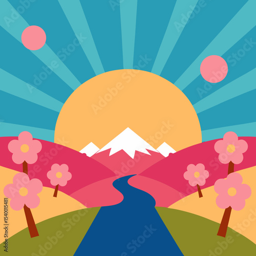 valley filled with cherry blossoms under sunburst main version vector illustration