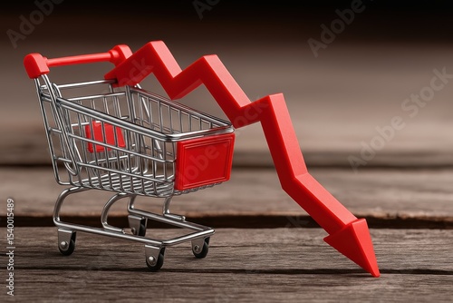 A shopping cart with a declining arrow representing economic downturn or falling sales in a retail context.