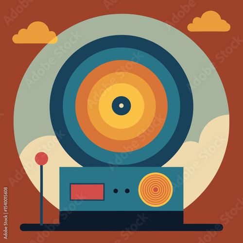 vintage record player with circular stripe sky main version vector illustration