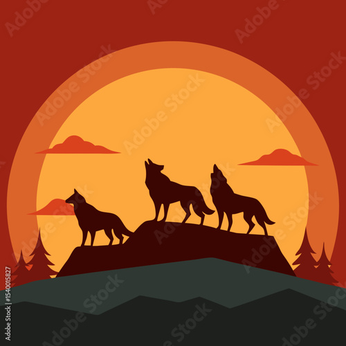 wolves pack standing at sunset ridge main version vector illustration