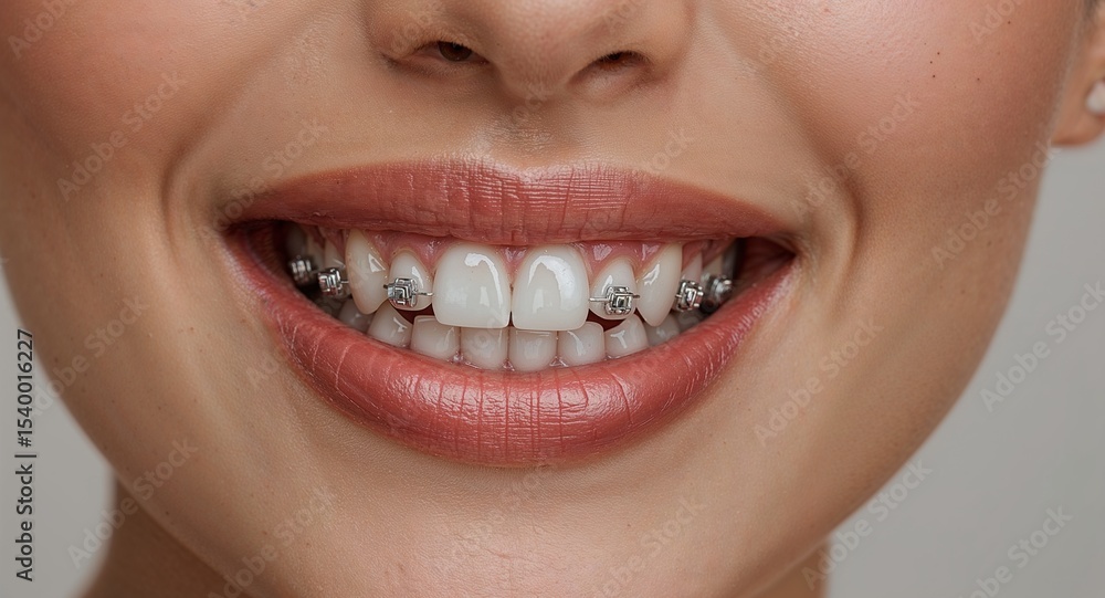 Fototapeta premium Close up of a smiling woman showing her teeth with metal braces on a neutral background
