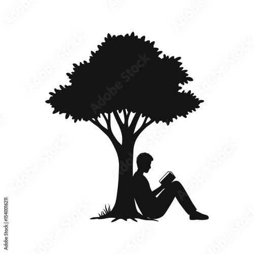 Silhouette of a person reading a book under a tree relaxing outdoors nature reading bookworm peaceful scene vector illustration
