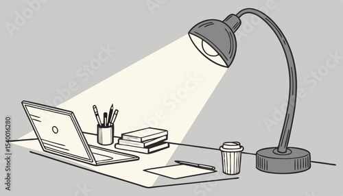 A sleek desk lamp casts a warm glow over a neatly organized workspace, fostering creativity and focus during evening work hours in a contemporary office       