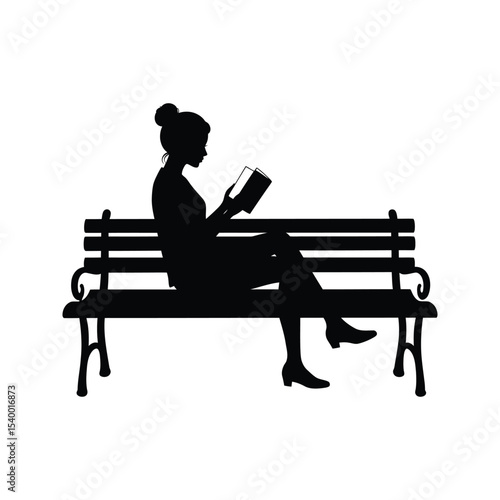 Silhouette of woman reading book on park bench black and white vector illustration