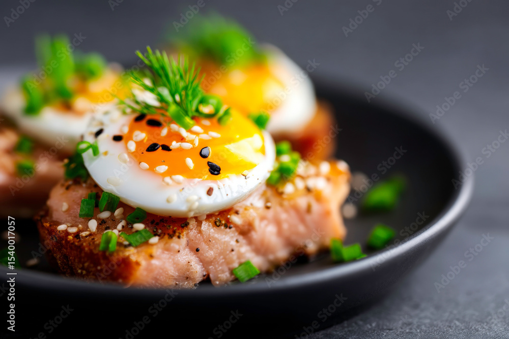 Gourmet Salmon with Poached Egg Culinary Delights Delicious Recipe Elegant Food Photography Gourmet Salmon with Poached Egg Culinary Delights Delicious Recipe Elegant Food Photography