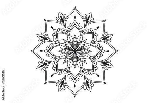 Flower mandala drawing. It is a black and white outline image of an intricate floral mandala, symmetrical petals and decorative patterns arranged in a circular design. Vector sketch line art draw.