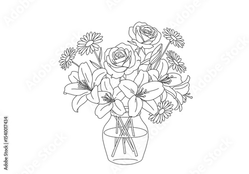Flower still life drawing. A black and white outline image of a floral arrangement in a glass vase, flowers like roses, daisies, and lilies, creating a classic still. Vector sketch line art draw.