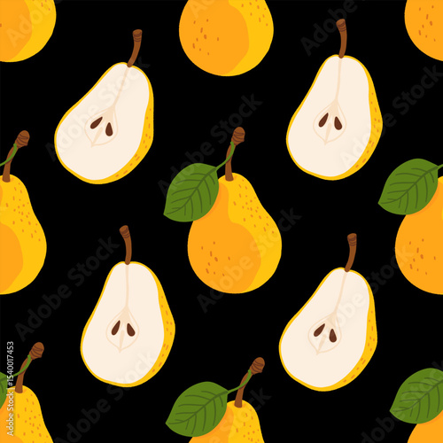 Seamless pattern with cartoon yellow pears in modern flat style. Fruit background. Vector printing for fabric and wallpaper. Cute fruits on a black background