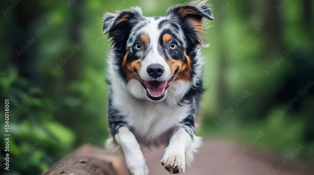 Fototapeta premium Australian shepherd dog jumping over log in forest