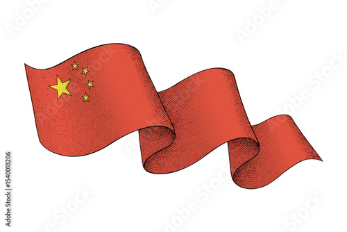 China flag with wavy ribbon shape and engraved texture