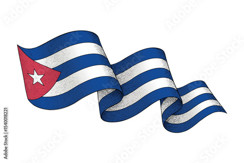 Cuba flag with wavy ribbon shape and engraved texture