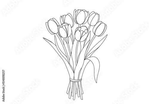 Tropical flower drawing. A black and white outline image of an orchid branch, featuring several open blooms with distinct petal shapes and multiple unopened buds. Vector sketch line art draw.
