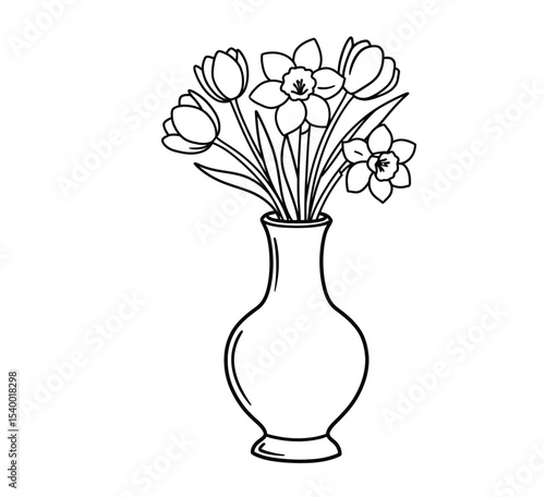 Vase and flowers drawing. It is a black and white outline image of a bouquet of flowers, including tulips and daffodils, in a classic vase, depicting a charming floral. Vector sketch line art draw.