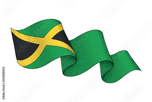 Jamaica flag with wavy ribbon shape and engraved texture