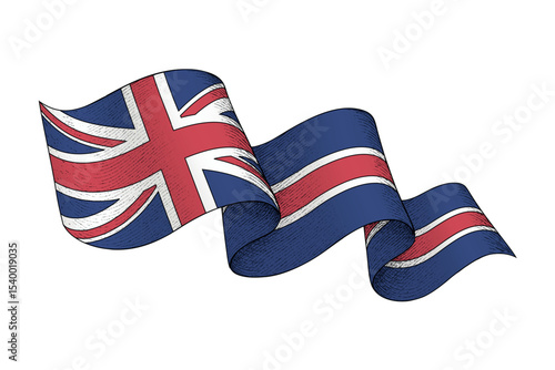 United Kingdom flag with wavy ribbon shape and engraved texture