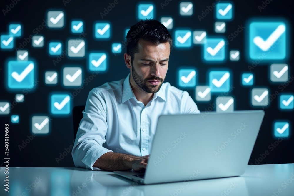 Businessman effortlessly managing a sea of digital checklist documents on his laptop screen Businessman effortlessly managing a sea of digital checklist documents on his laptop screen