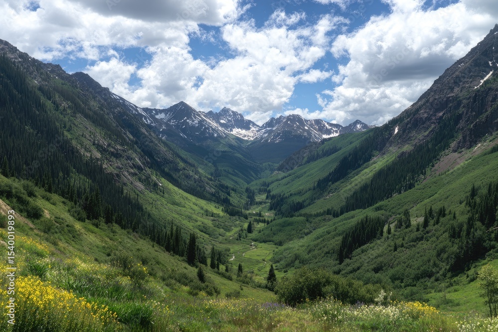 Fototapeta premium Lush green alpine valley nestled between snow-capped mountains under a partly cloudy sky; wildflowers in the foreground