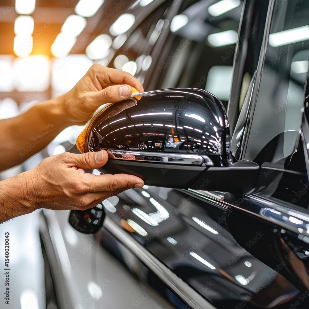 Obraz premium Close-up of hands polishing car side mirror in automotive workshop