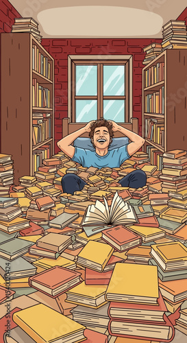 Overwhelmed Book Lover Surrounded by Piles of Books in Library
