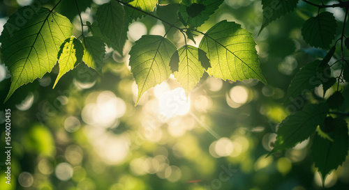 Green leaves illuminated by sunlight in a natural setting  