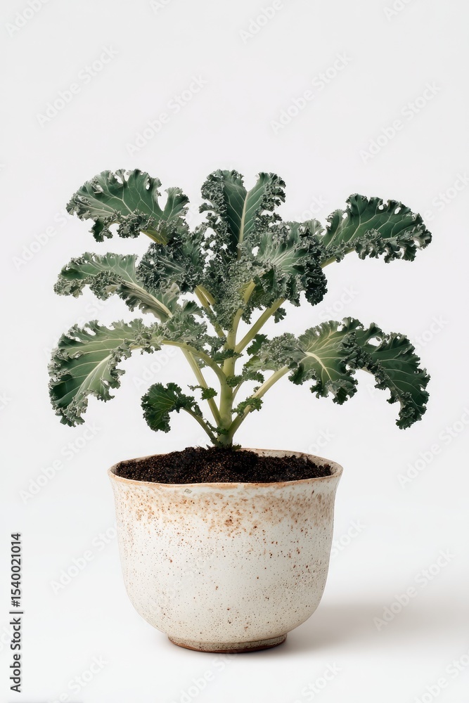 A small, leafy ornamental plant with gray-green, frilly leaves, potted in a speckled, off-white ceramic bowl, set against a bright white background A small, leafy ornamental plant with gray-green, frilly leaves, potted in a speckled, off-white ceramic bowl, set against a bright white background