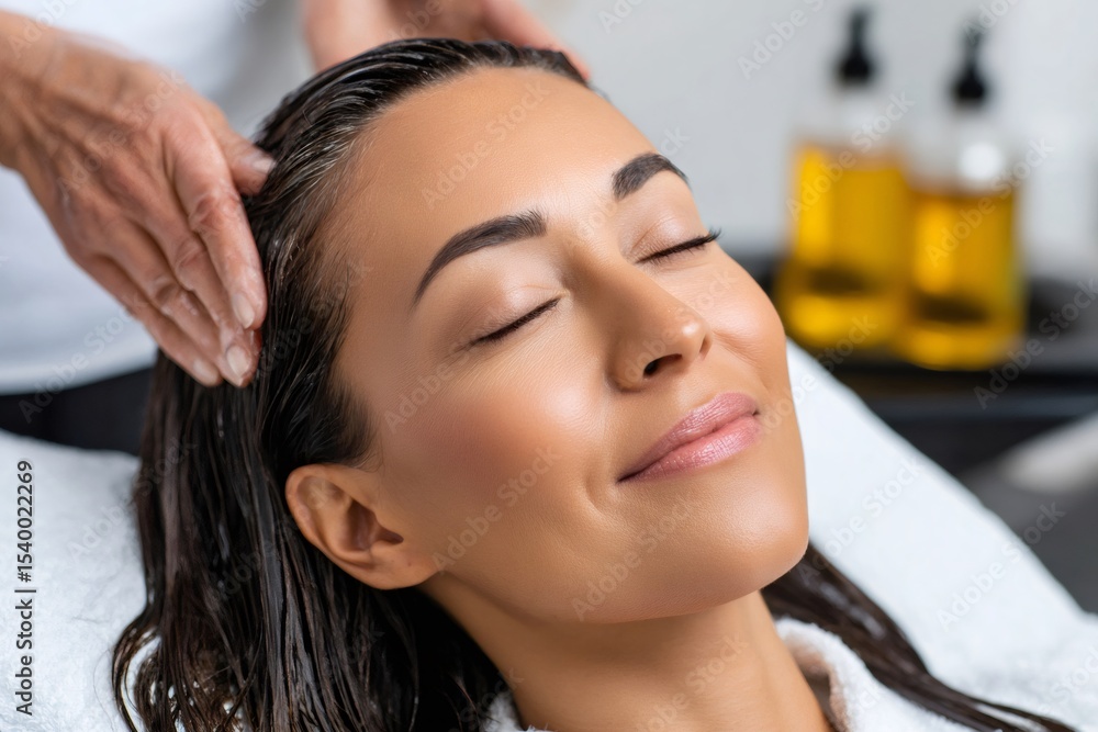 Fototapeta premium Beautician applying hair mask to woman in beauty salon