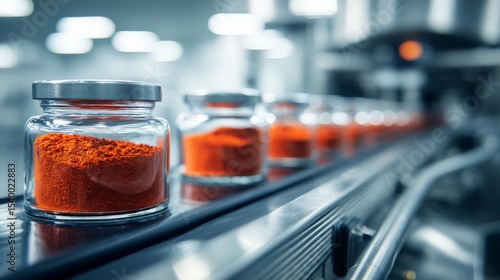 Fototapeta Naklejka Na Ścianę i Meble -  glass jars of red paprika powder spice on factory conveyor, food ingredient processing and spice production

