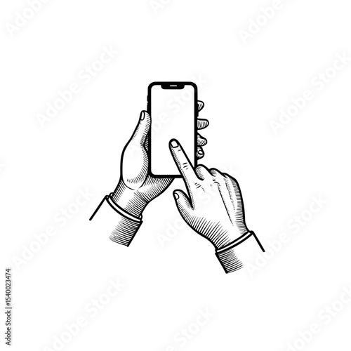 hand holding smartphone vector , Sketch of hands holding and touching a mobile phone screen on transparent background , no background 