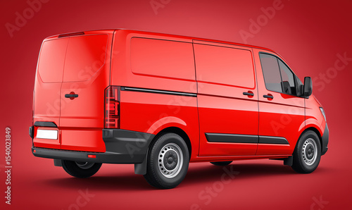 Modern red cargo van rear back right side corner angle view, on red background