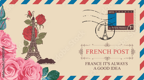 Vector greeting card with Eiffel Tower in Paris, France. Or vintage postal envelope with roses and words French post. Valentine's Day. Travel agency banner. No AI used